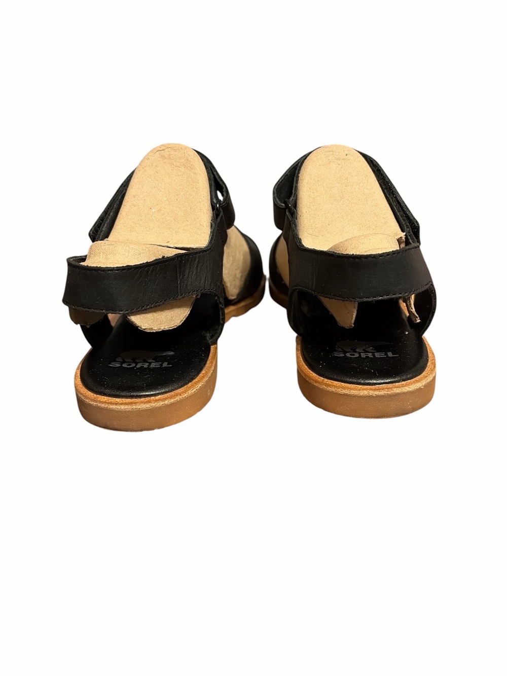 Sorel Black Leather Open-Toe Sandals with Tan Footbed - Picture 4 of 7